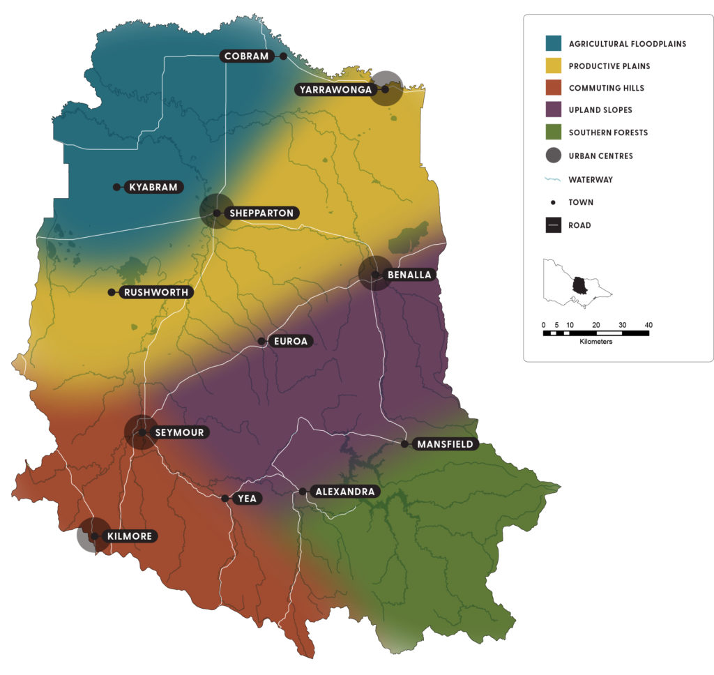 Geographic map of the Goulburn Broken Catchment with the 6 local areas shaded in different colours. The six local areas are: Agricultural Floodplains, Productive Plains, Commuting Hills, Upland Slopes, Southern Forests and Urban Centres. The location of these areas is described in the local areas tab.