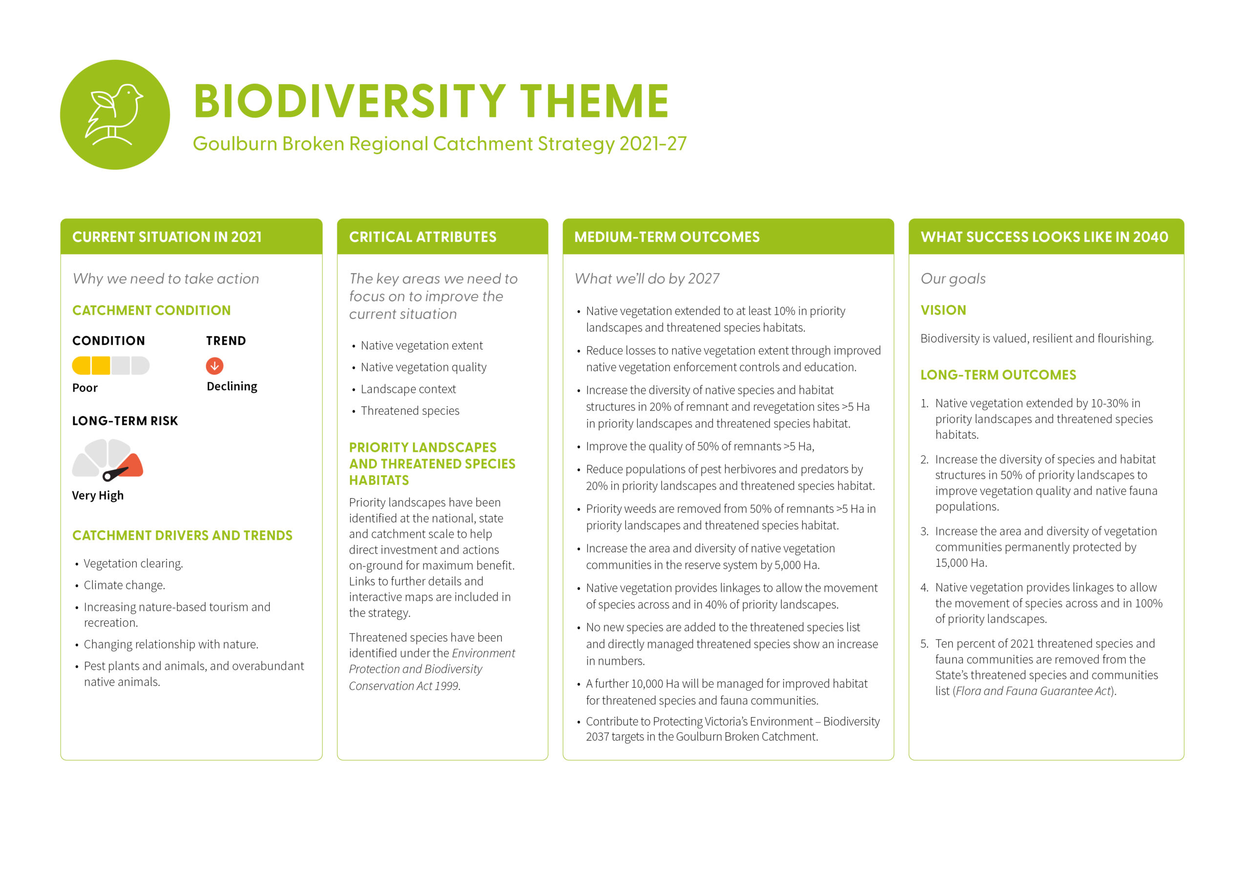 A diagram summarising the biodiversity theme content of the strategy, with four main sections: current situation in 2021, critical attributes, medium-term outcomes and what success looks like in 2040. The content of the diagram is described in the information below the diagram.