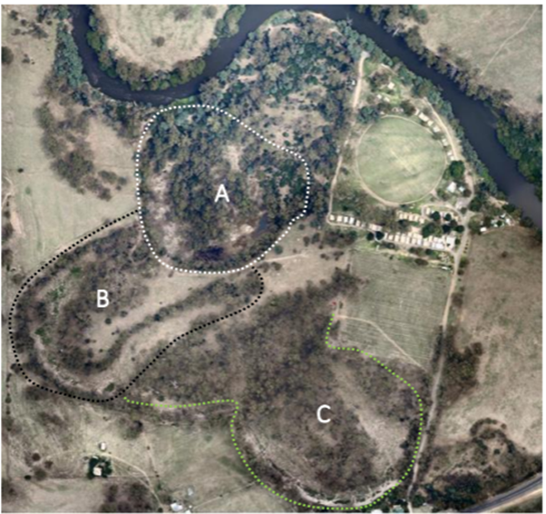 Aerial satellite map of the Molesworth Billabongs and walking track.